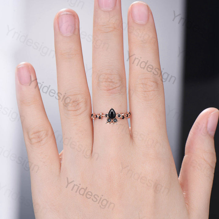 Unique pear shaped black onyx engagement ring rose gold night owl black stone wedding ring nature inspired spinel anniversary ring for women - PENFINE