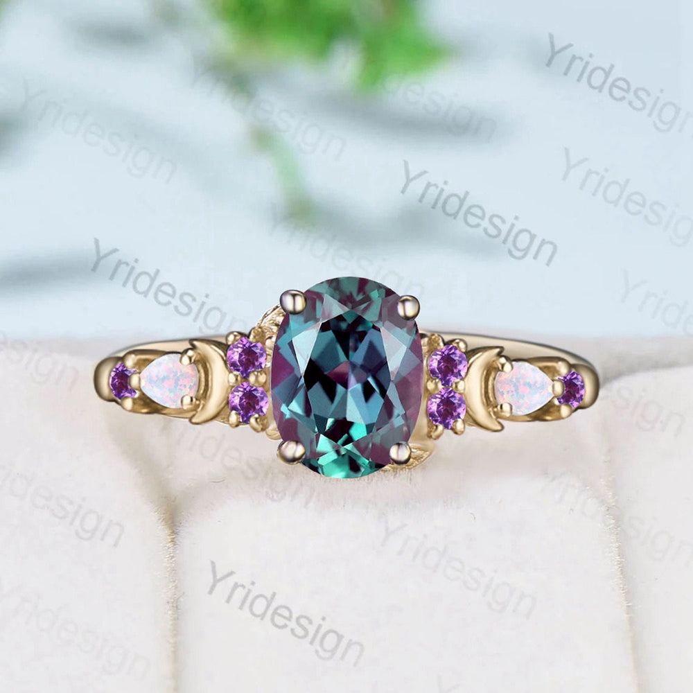 Oval Moon vintage alexandrite engagement ring rose gold unique pear fire opal amethyst wedding ring June birthstone anniversary ring women - PENFINE