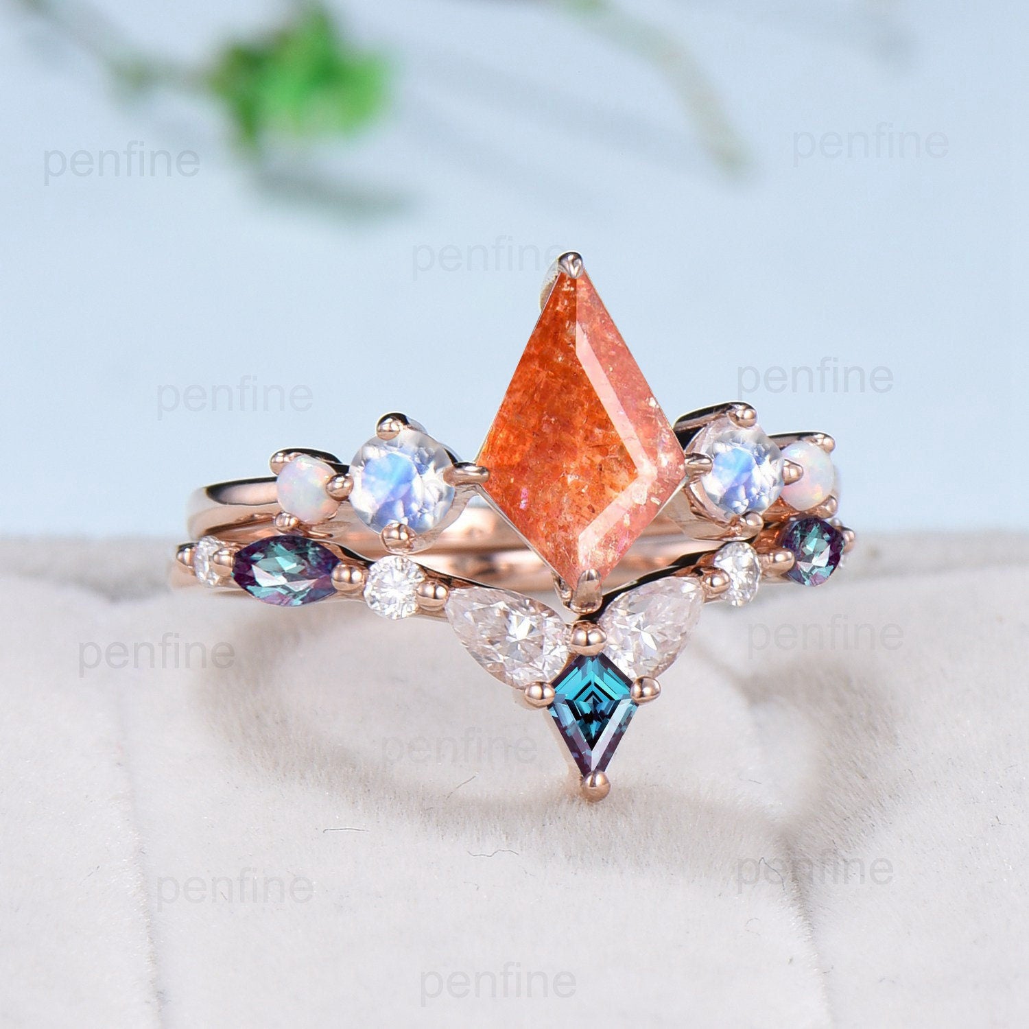 Vintage Sunstone Engagement Ring Kite Cut Unique Moonstone Opal Wedding Set Cute Art Deco Orange Stacking Ring Alexandrite Bridal Set Women - PENFINE