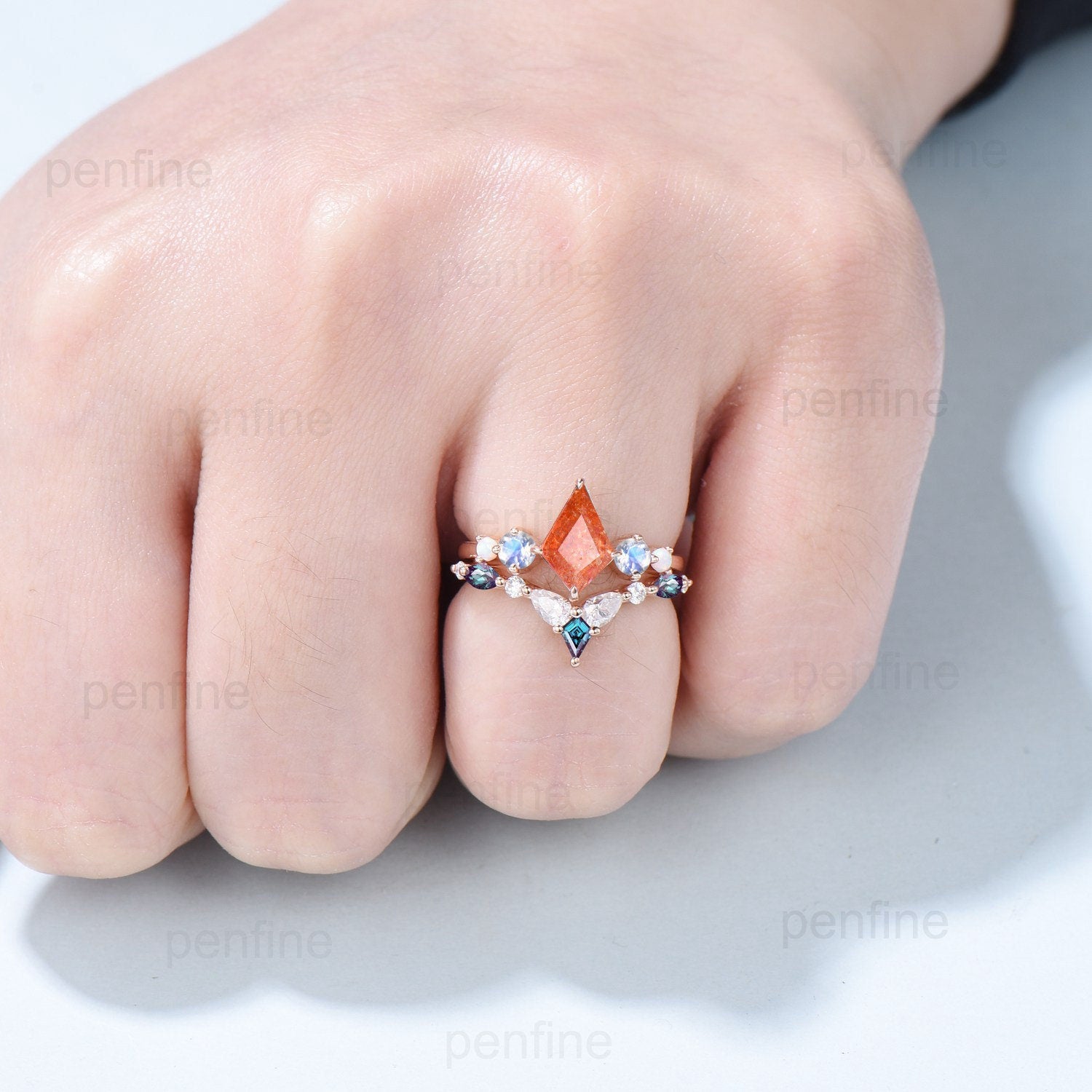 Vintage Sunstone Engagement Ring Kite Cut Unique Moonstone Opal Wedding Set Cute Art Deco Orange Stacking Ring Alexandrite Bridal Set Women - PENFINE