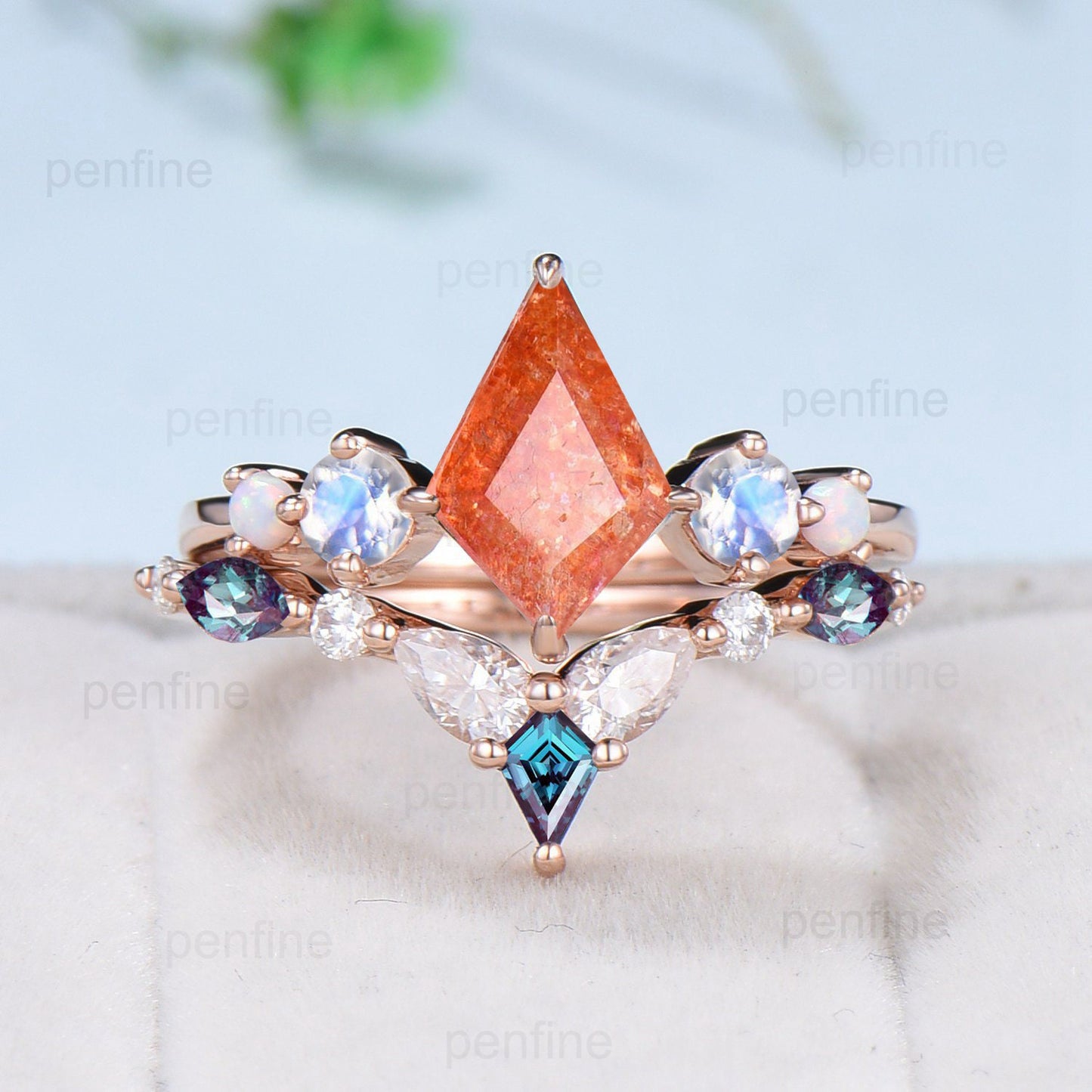 Vintage Sunstone Engagement Ring Kite Cut Unique Moonstone Opal Wedding Set Cute Art Deco Orange Stacking Ring Alexandrite Bridal Set Women - PENFINE