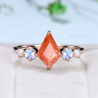 Vintage Sunstone Engagement Ring Kite Cut Unique Moonstone Opal Wedding Set Cute Art Deco Orange Stacking Ring Alexandrite Bridal Set Women - PENFINE