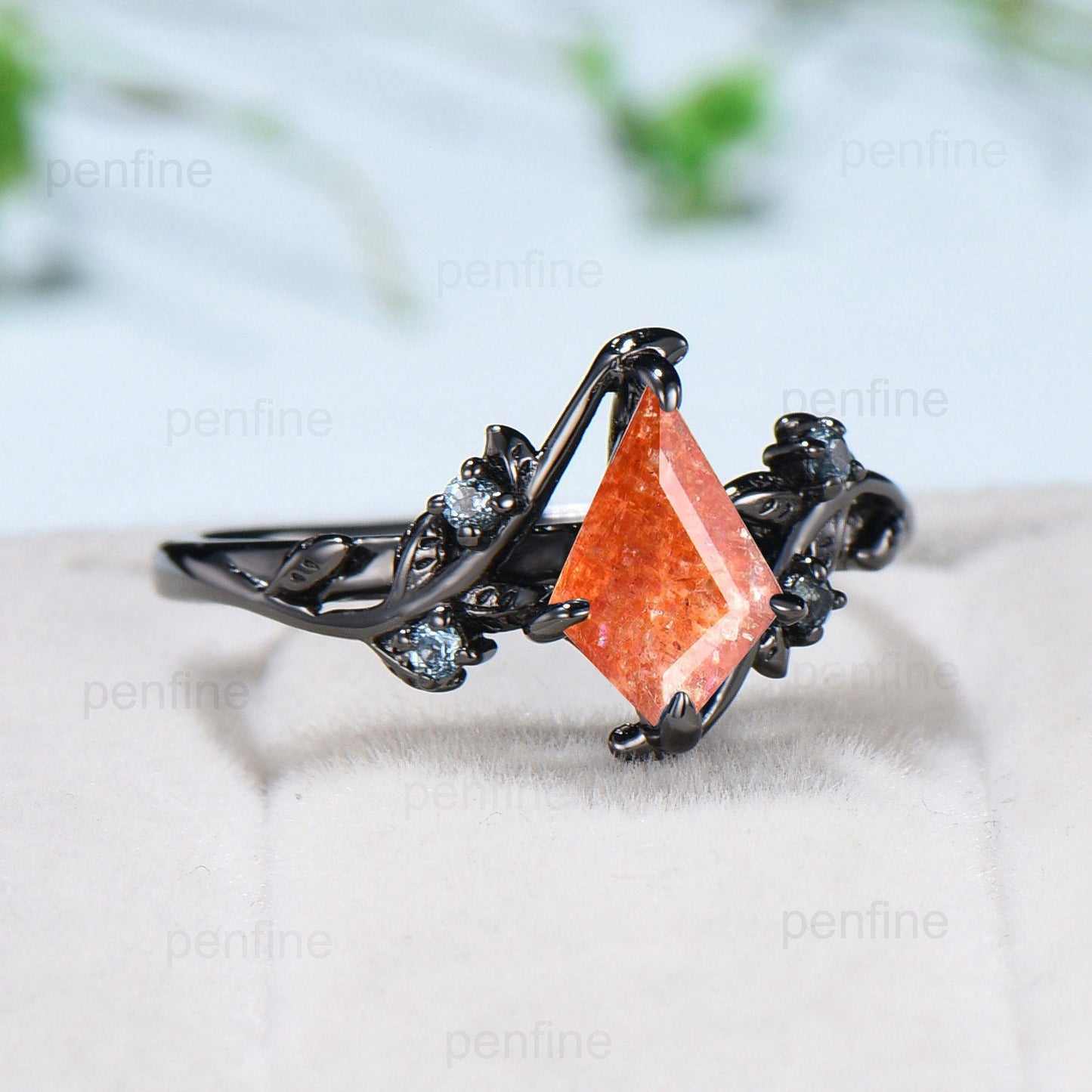 1 carat Kite cut Black Gold Sunstone Ring Vintage Natural Inspired Leaf vine engagement ring branch wedding ring Handmade Proposal Gifts - PENFINE