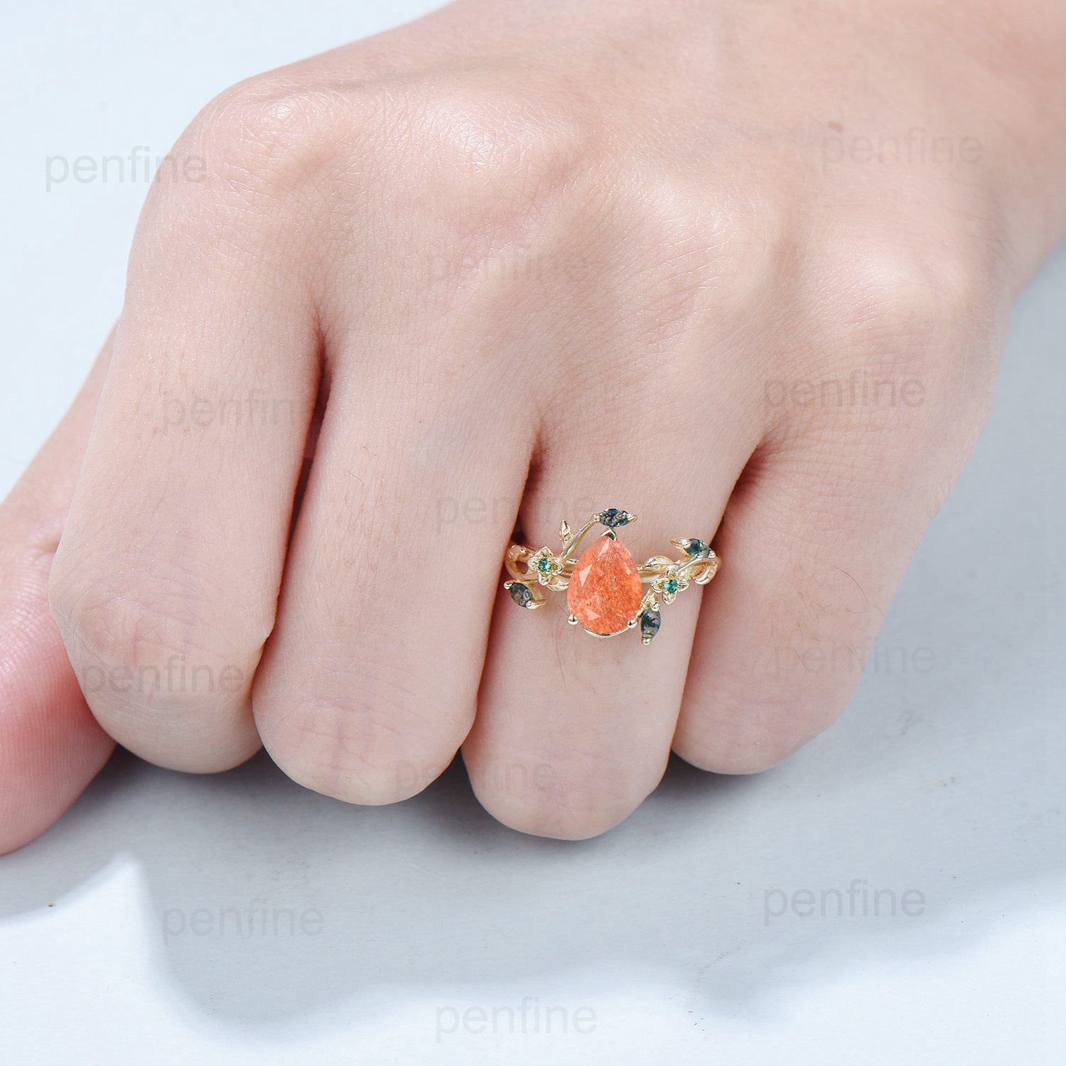 Elegant Pear Shaped Sunstone Ring Vintage Flower Engagement Ring Leaf Marquise Moss Agate Wedding Ring Unique Emerald Twig Branch Ring Women - PENFINE