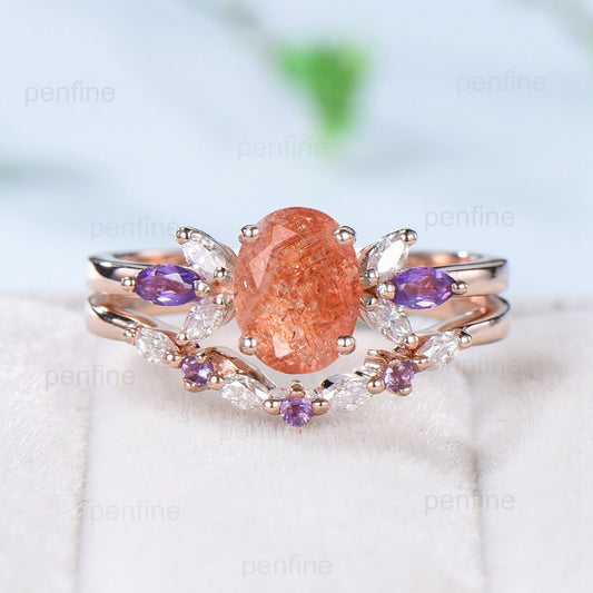 Vintage 1.5 CT oval sunstone engagement ring set retro marquise cut amethyst wedding ring art deco diamond moissanite stacking bridal set - PENFINE