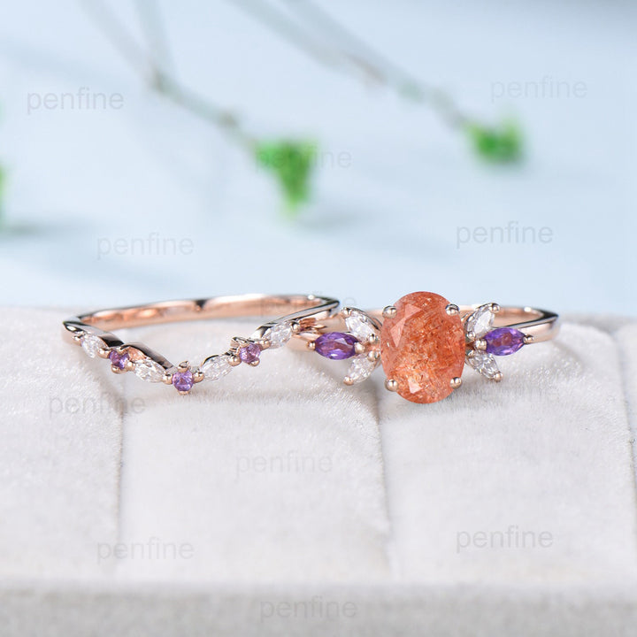 Vintage 1.5 CT oval sunstone engagement ring set retro marquise cut amethyst wedding ring art deco diamond moissanite stacking bridal set - PENFINE