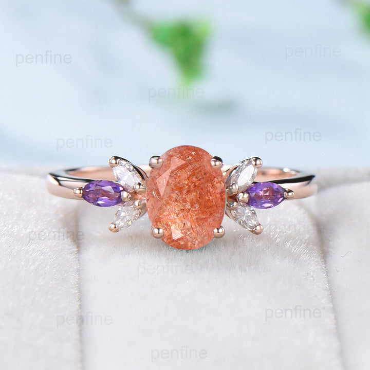 Vintage 1.5 CT oval sunstone engagement ring set retro marquise cut amethyst wedding ring art deco diamond moissanite stacking bridal set - PENFINE