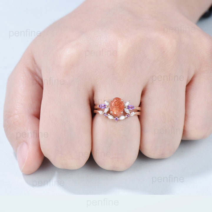 Vintage 1.5 CT oval sunstone engagement ring set retro marquise cut amethyst wedding ring art deco diamond moissanite stacking bridal set - PENFINE