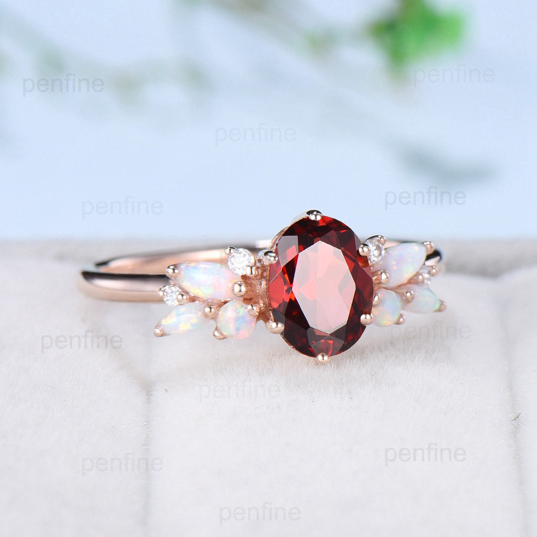 Vintage Style Garnet Ring, 1 Carat Oval Cut Garnet Engagement Ring, Rose Gold Opal Wedding Ring Art Deco January Birthstone Promise Gift - PENFINE