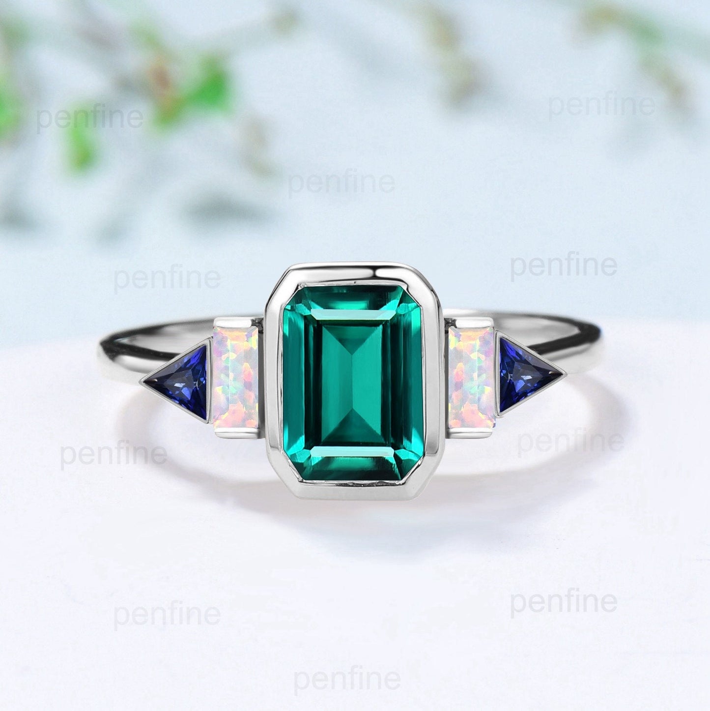 Unique Bezel Set Emerald Cut Emerald Engagement Ring Retro Baguette Opal Trillion Blue Sapphire Wedding Ring Vintage Anniversary Ring Women - PENFINE