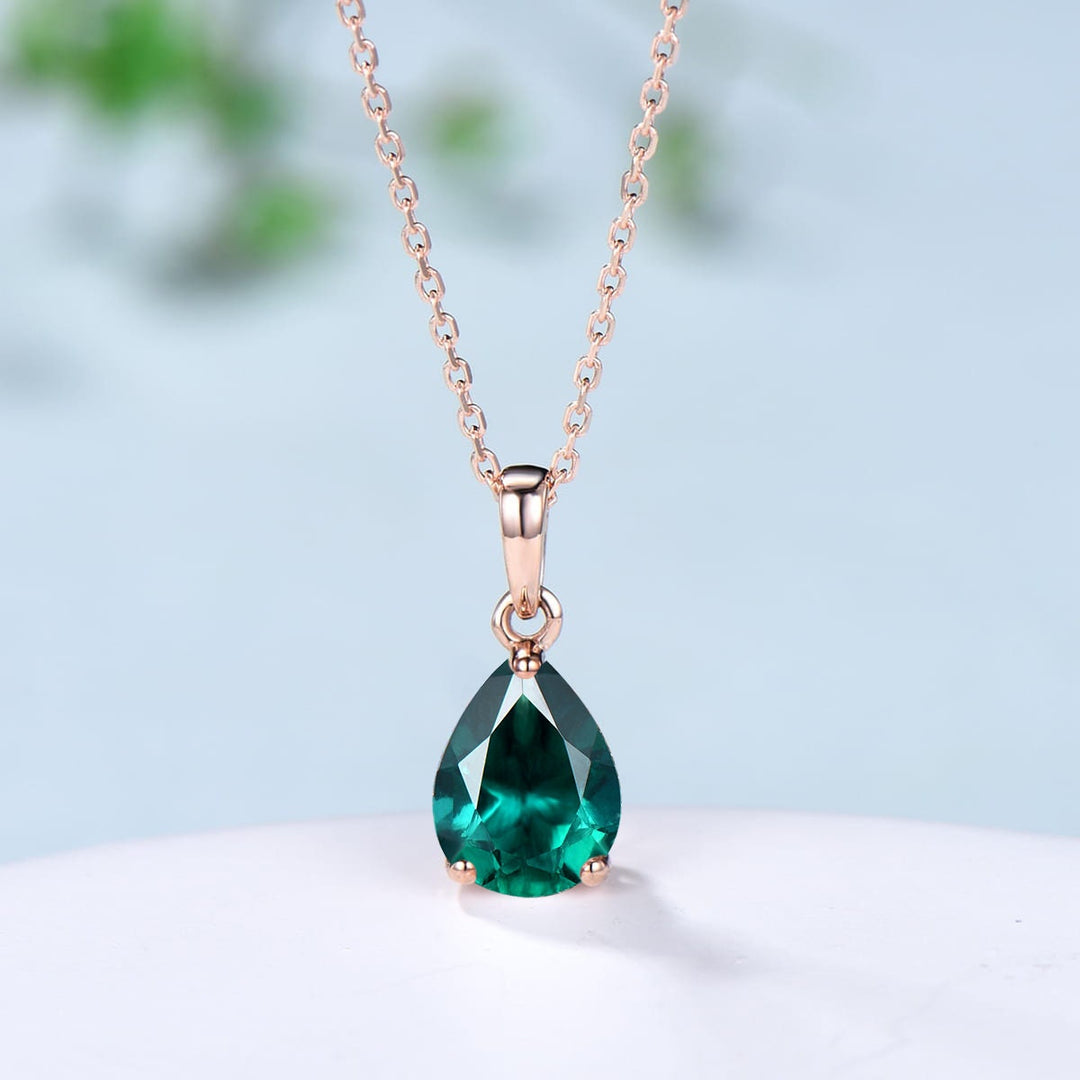 Dainty 14K Rose Gold Emerald Necklace - Teardrop May Birthstone - PENFINE