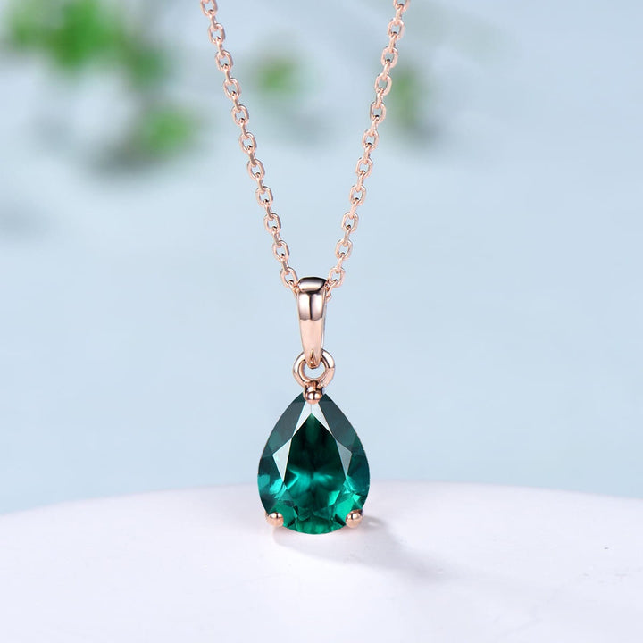 Dainty 14K Rose Gold Emerald Necklace - Teardrop May Birthstone - PENFINE