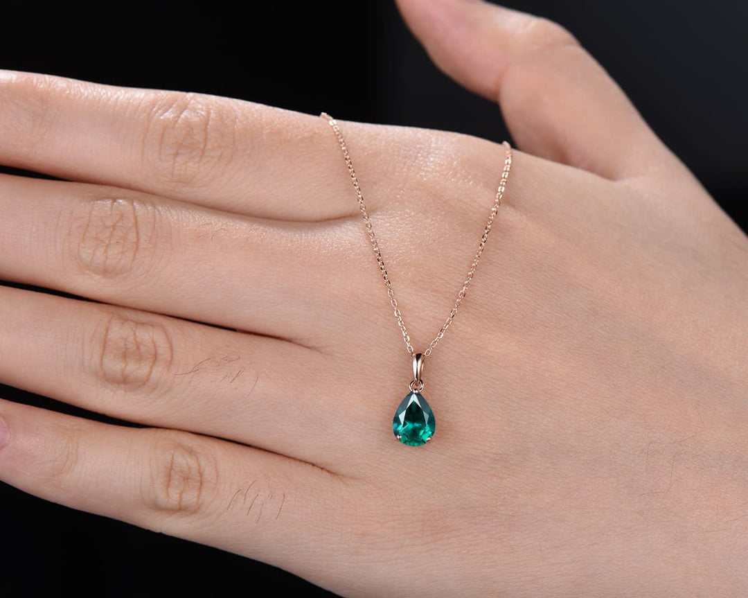 Dainty 14K Rose Gold Emerald Necklace - Teardrop May Birthstone - PENFINE