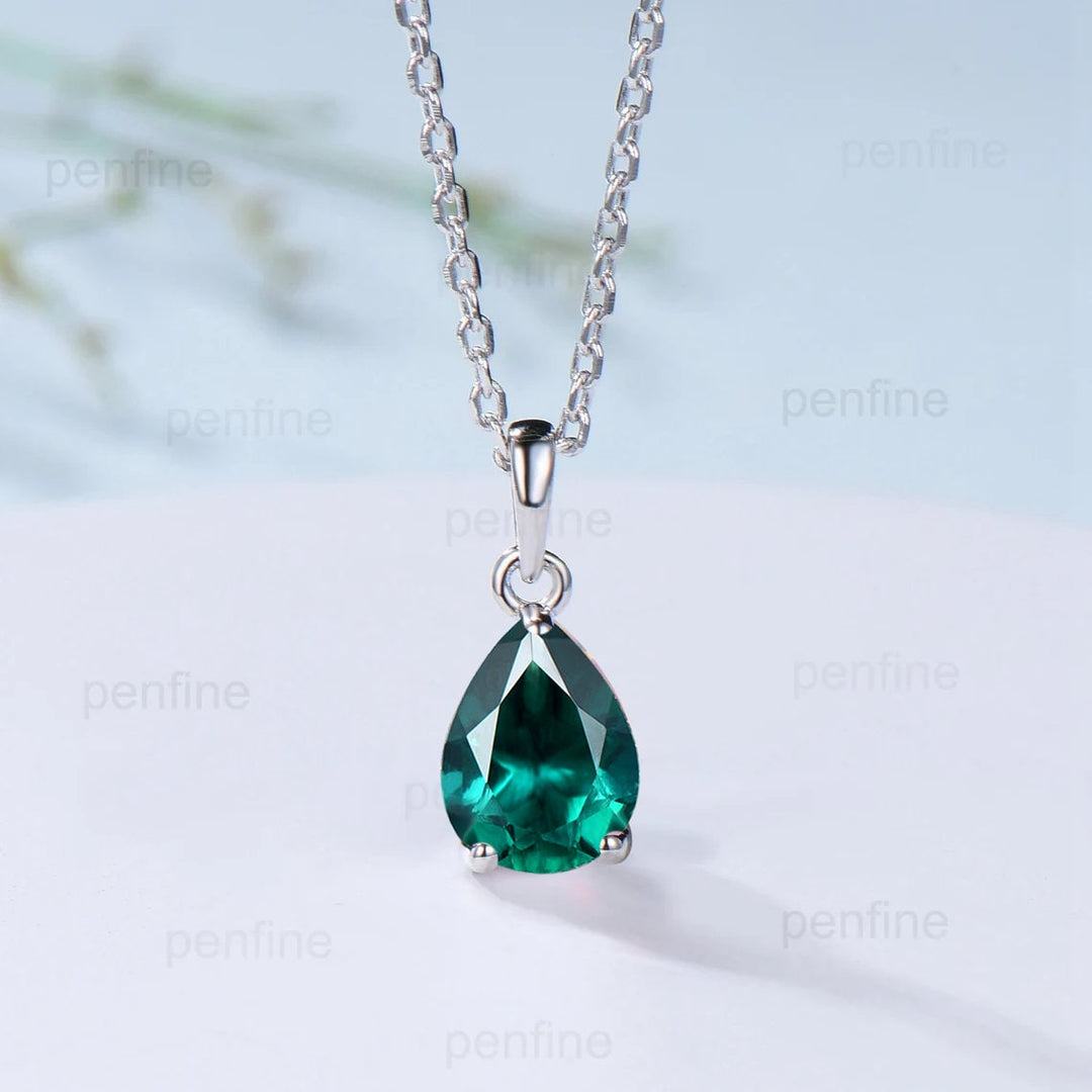 Dainty 14K Rose Gold Emerald Necklace - Teardrop May Birthstone - PENFINE