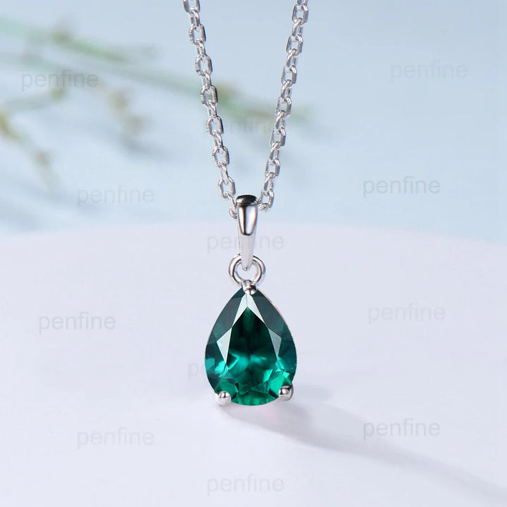 Dainty 14K Rose Gold Emerald Necklace - Teardrop May Birthstone - PENFINE