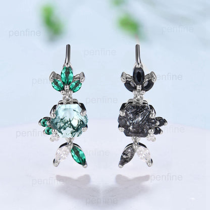 Unique green agate earrings rutilated quartz earrings Fish Black Stud Moss Agate Emerald Earrings Women  rose gold black crystal earrings - PENFINE