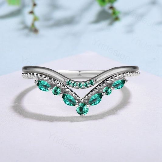 Vintage Emerald Wedding Band Marquise c yellow gold eternity lab emerald wedding ring Unique milgrain Stacking ring matching band for women - PENFINE