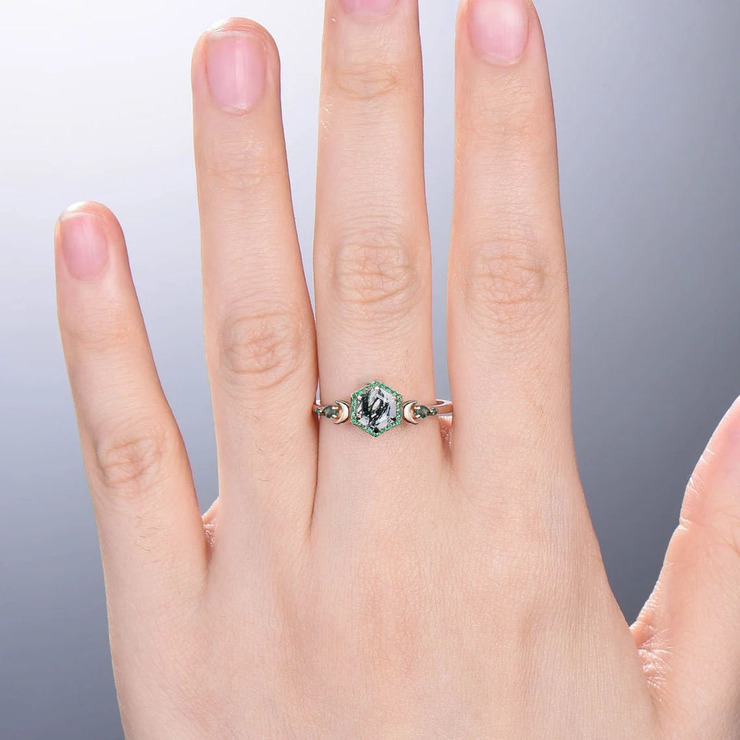 Unique Halo Emerald hexagon moss agate engagement ring Vintage moon pear green agate wedding ring silver rose gold anniversary ring women - PENFINE