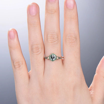 Unique Halo Emerald hexagon moss agate engagement ring Vintage moon pear green agate wedding ring silver rose gold anniversary ring women - PENFINE