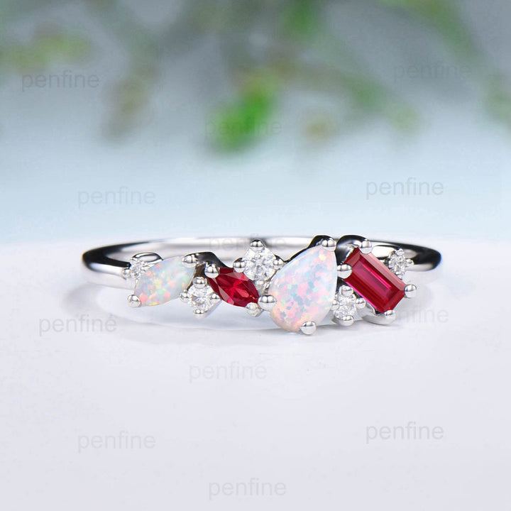 Vintage Baguette ruby wedding Band Pear marquise opal wedding ring women Unique cluster moissanite Stacking matching Anniversary gift ring - PENFINE