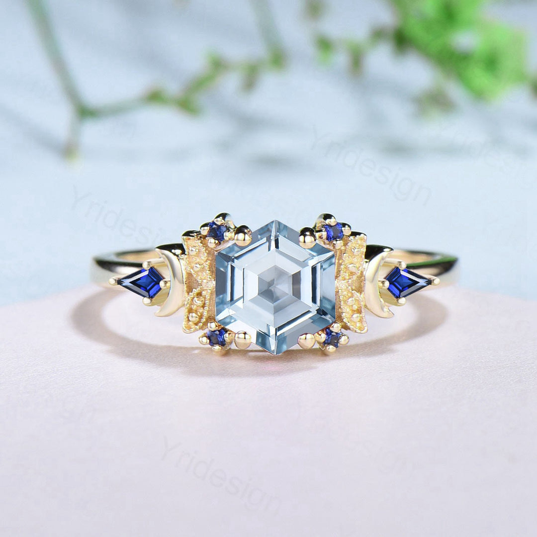 Vintage Moon Aquamarine ring 14k yellow Gold Unique hexagon cut aquamarine engagement ring leaf cluster kite sapphire wedding ring for women - PENFINE