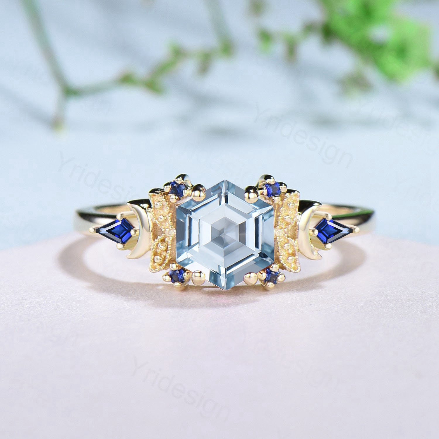 Vintage Moon Aquamarine ring 14k yellow Gold Unique hexagon cut aquamarine engagement ring leaf cluster kite sapphire wedding ring for women - PENFINE