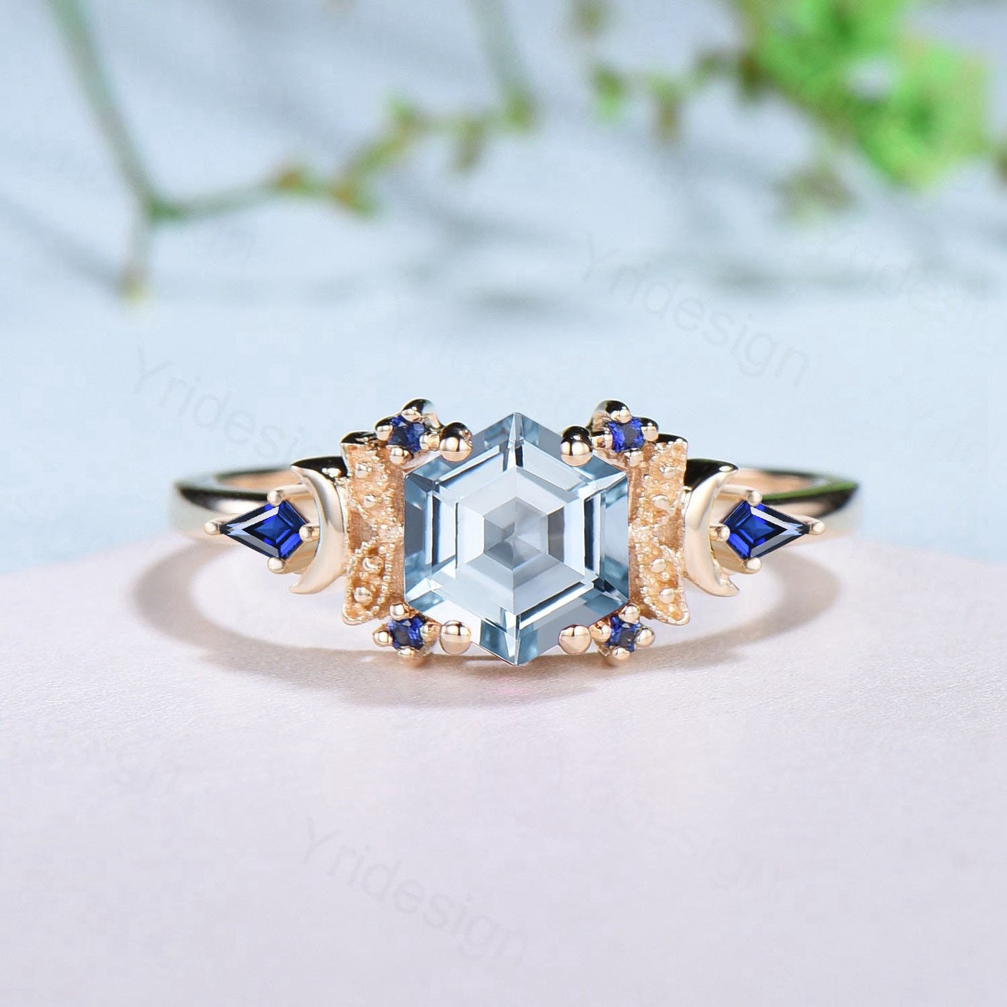 Vintage Moon Aquamarine ring 14k yellow Gold Unique hexagon cut aquamarine engagement ring leaf cluster kite sapphire wedding ring for women - PENFINE