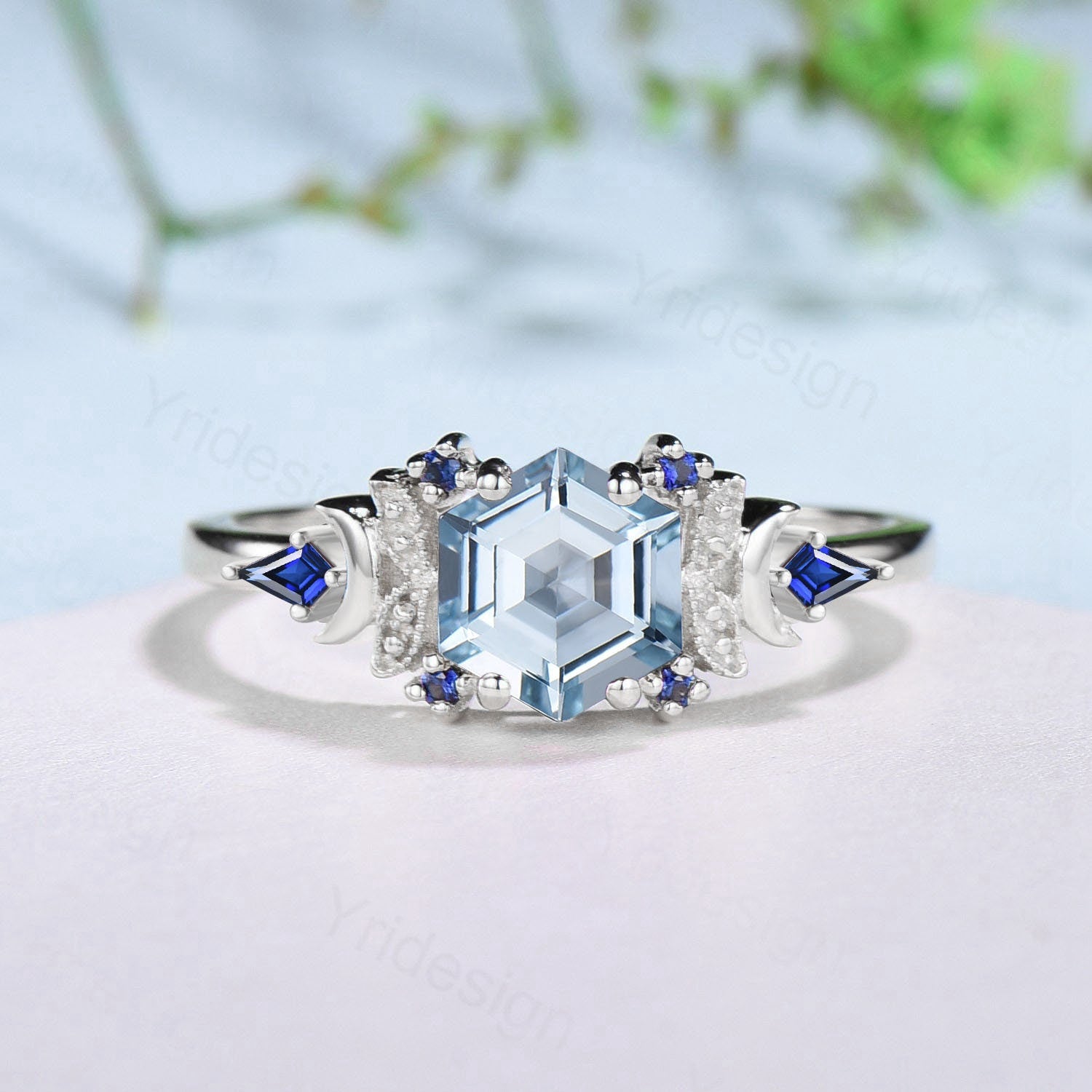 Vintage Moon Aquamarine ring 14k yellow Gold Unique hexagon cut aquamarine engagement ring leaf cluster kite sapphire wedding ring for women - PENFINE