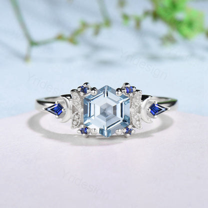 Vintage Moon Aquamarine ring 14k yellow Gold Unique hexagon cut aquamarine engagement ring leaf cluster kite sapphire wedding ring for women - PENFINE