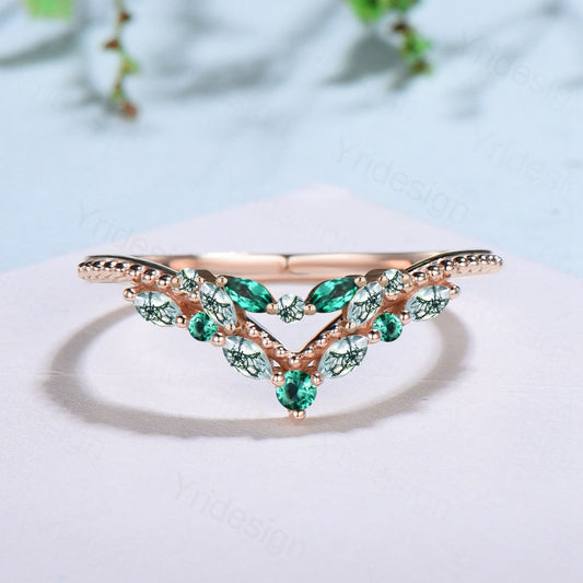Unique moss agate Wedding Band Marquise cut emerald band rose gold wedding ring Art Deco Green Crystal Stacking matching band for women - PENFINE