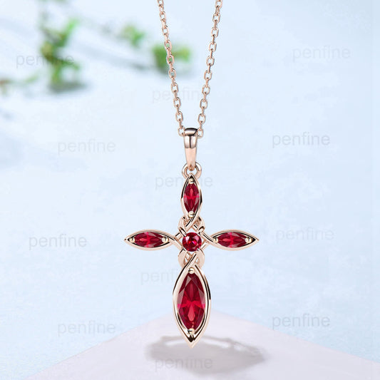 Norse Viking lab red ruby necklace Silver rose gold minimalist  Personalized marquise ruby pendant women Celtic Jewelry Cross Necklace gift - PENFINE