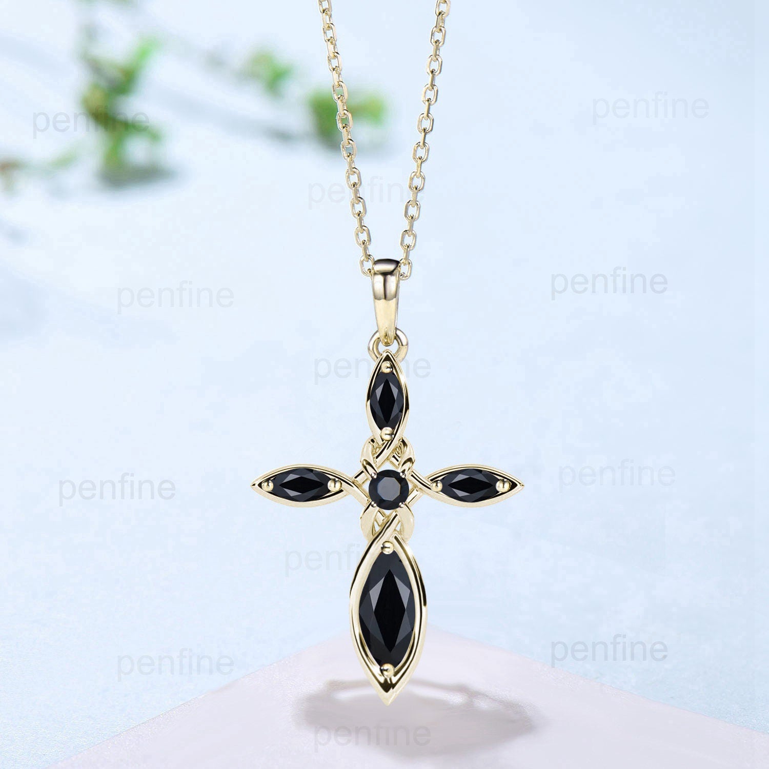 Dainty Black Spinel Cross Necklace, Sterling Silver Celtic Pendant