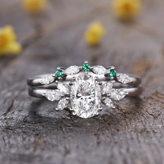 Vintage Oval Lab Grown Diamond Engagement Ring Set: 14k White Gold Emerald Jewelry