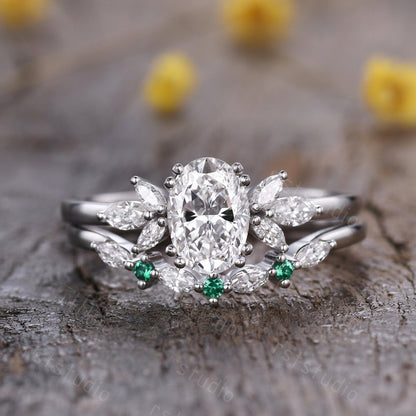 Vintage Oval Lab Grown Diamond Engagement Ring Set: 14k White Gold Emerald Jewelry