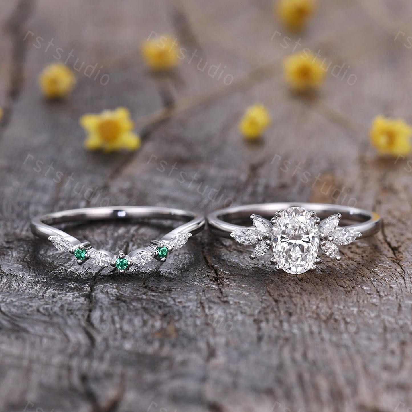 Vintage Oval Lab Grown Diamond Engagement Ring Set: 14k White Gold Emerald Jewelry