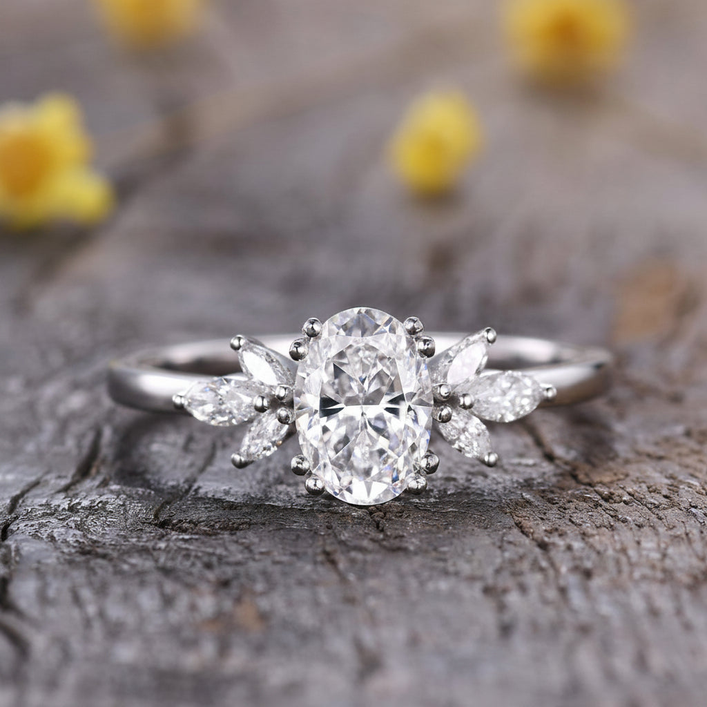 Vintage Oval Lab Grown Diamond Engagement Ring Set: 14k White Gold Emerald Jewelry