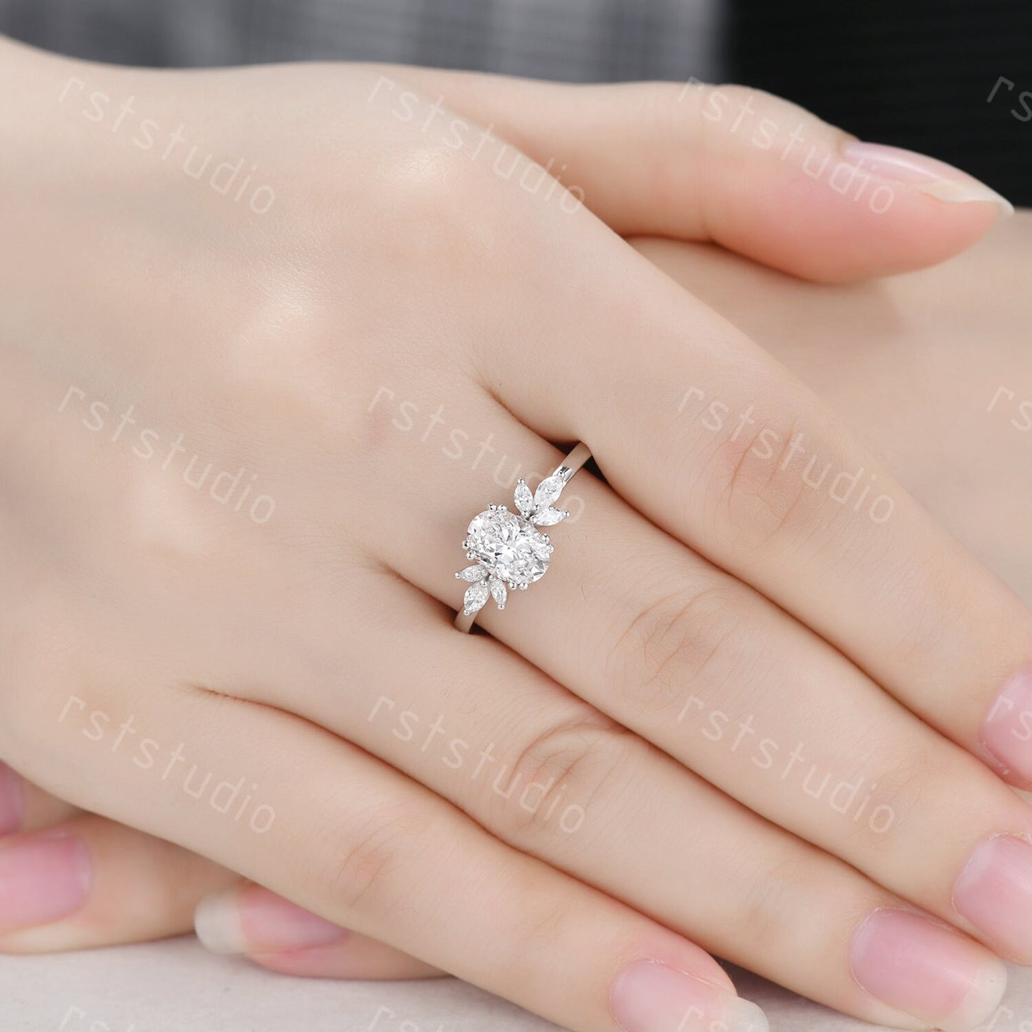 Vintage Oval Lab Grown Diamond Engagement Ring Set: 14k White Gold Emerald Jewelry