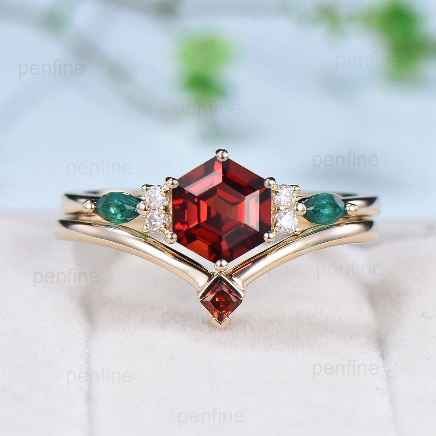 Vintage hexagon garnet engagement ring set 14kyellow gold marquise emerald wedding ring for women Dainty January birthstone bridal ring set - PENFINE