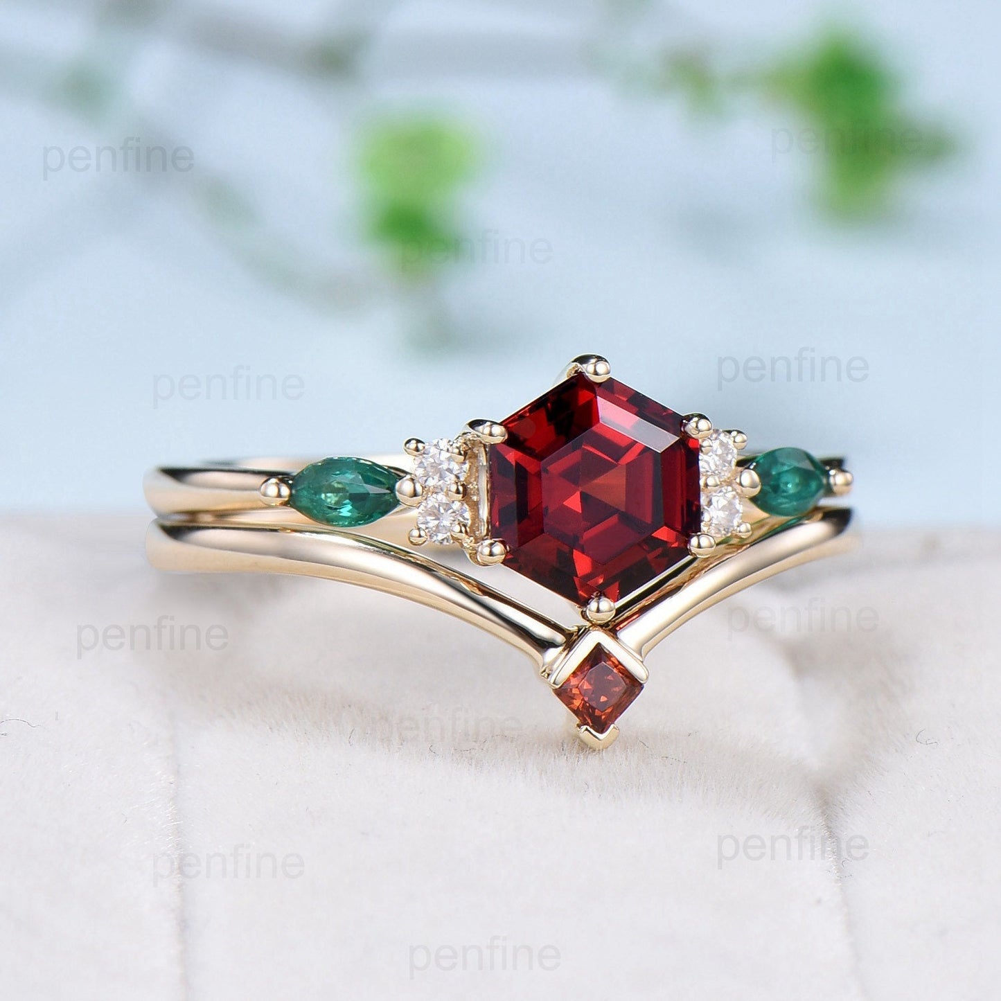 Vintage hexagon garnet engagement ring set 14kyellow gold marquise emerald wedding ring for women Dainty January birthstone bridal ring set - PENFINE