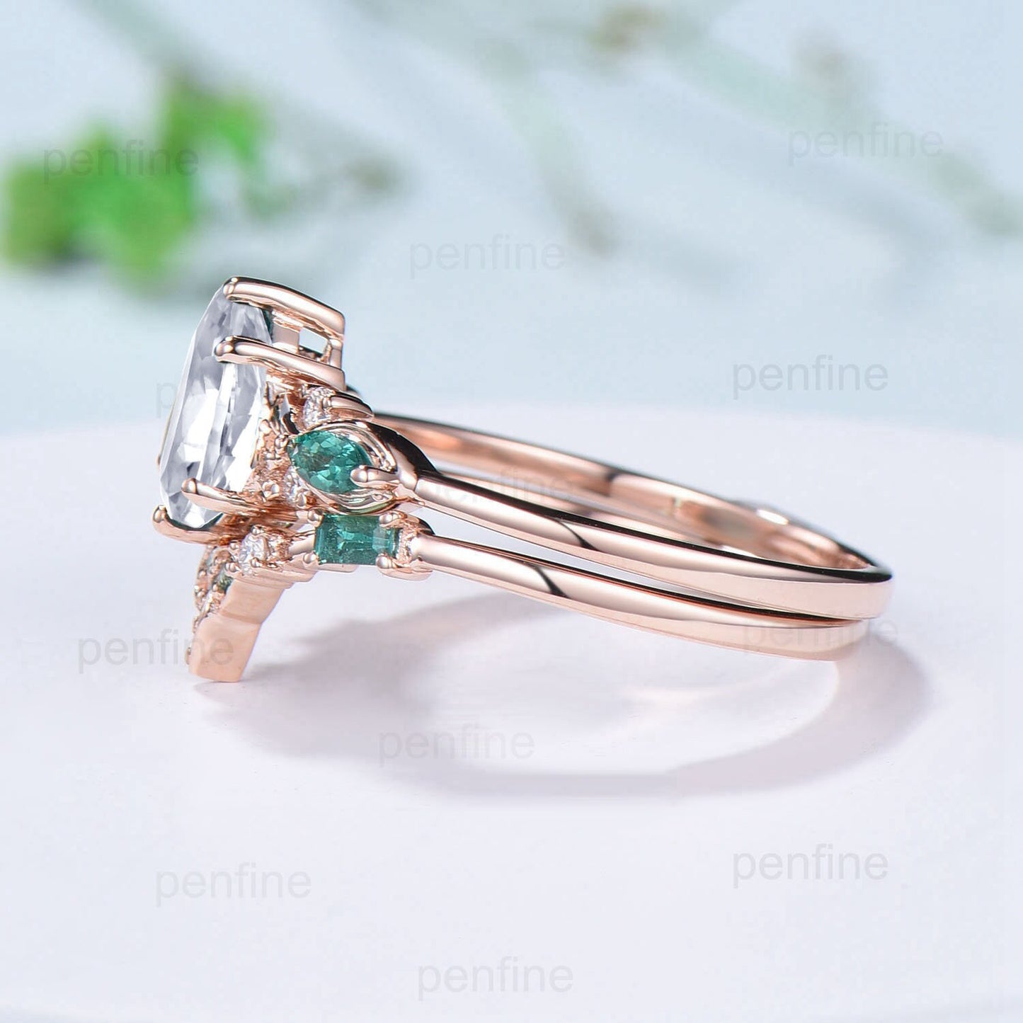 Elegant Pear Shaped Moissanite Engagement Ring Set Gold Vintage Baguette Emerald Moissanite Wedding Set Norse Viking Band Bridal Set Women - PENFINE