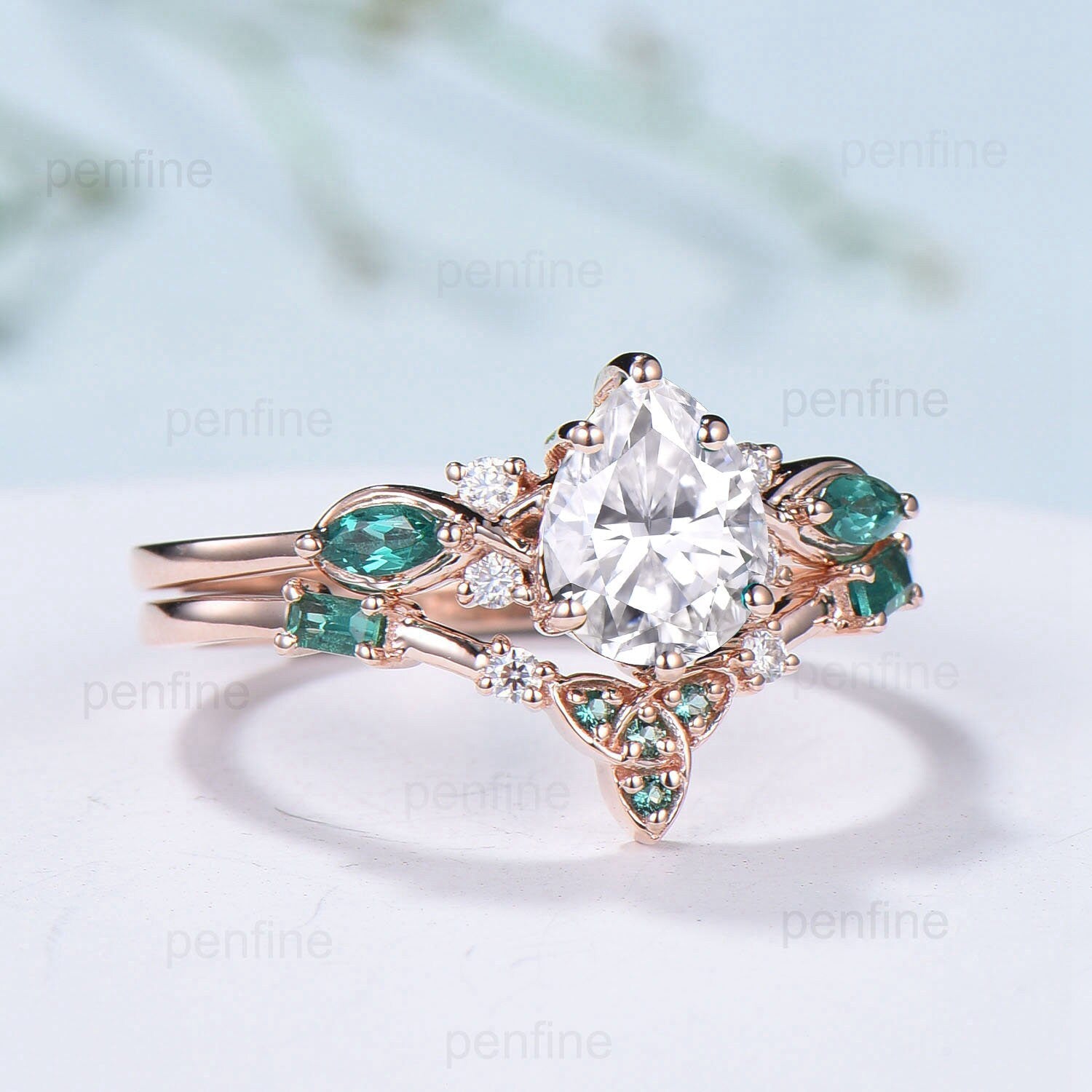 Elegant Pear Shaped Moissanite Engagement Ring Set Gold Vintage Baguette Emerald Moissanite Wedding Set Norse Viking Band Bridal Set Women - PENFINE