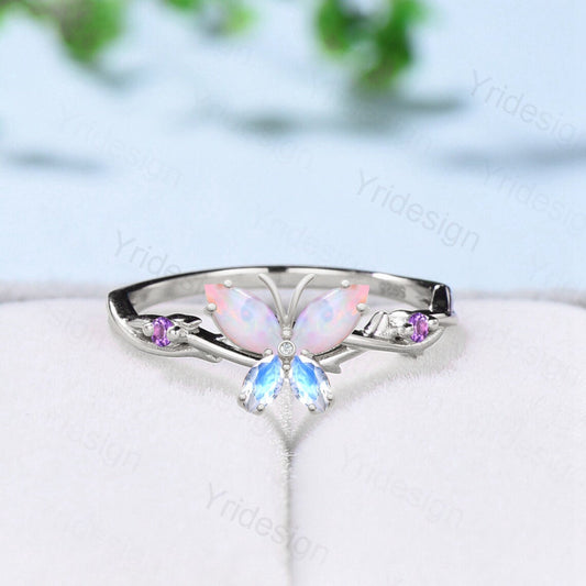 Unique Butterfly Marquise Opal Amethyst Wedding Ring Vintage Inspired White Opal Amethyst Ring twist vine anniversary promise ring for women - PENFINE