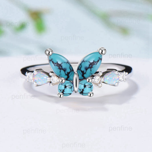 Unique Butterfly Marquise Turquoise Engagement Ring Vintage Pear White Opal Wedding Ring Silver Anniversary Ring December Birthstone Gift - PENFINE