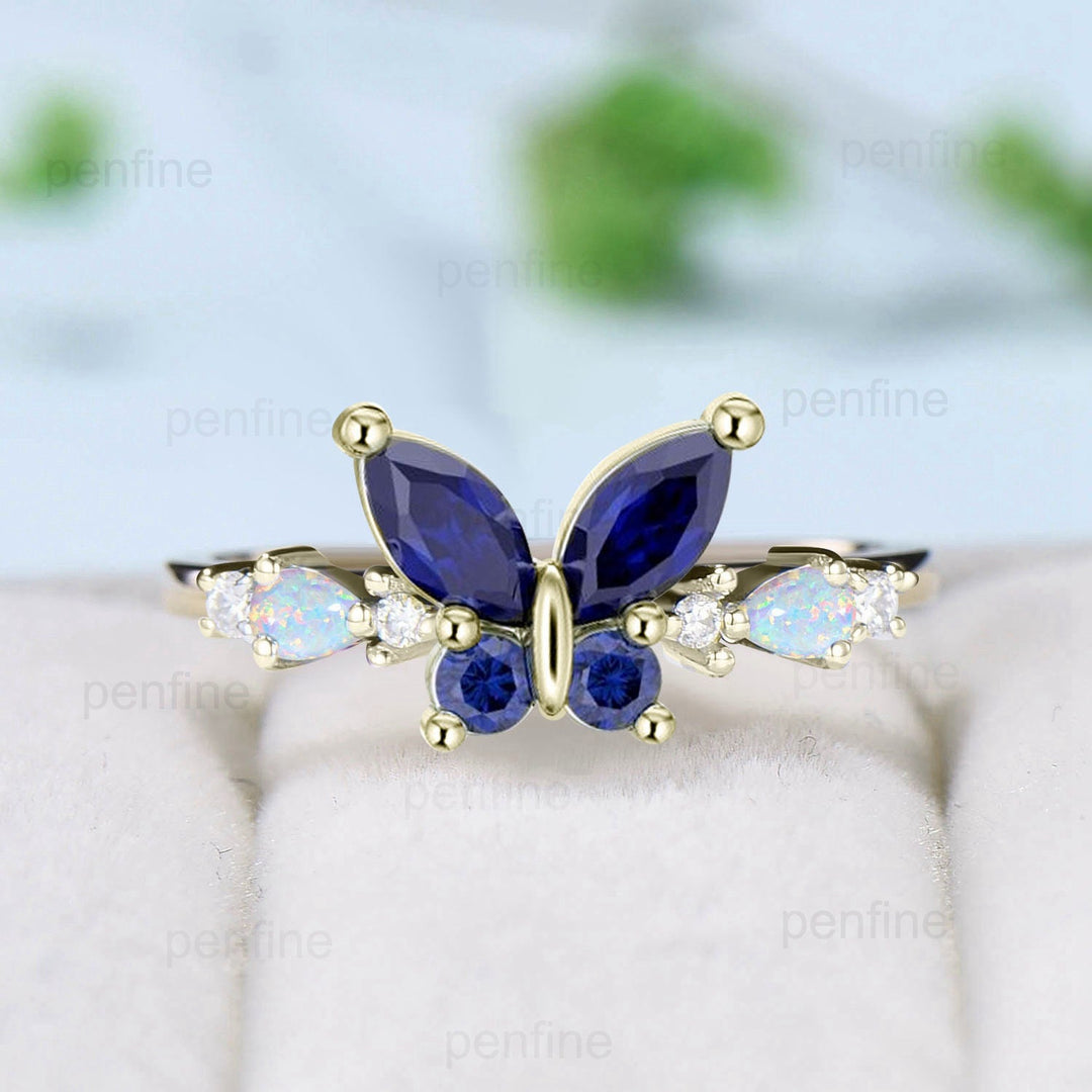 Unique Butterfly Marquise Blue Sapphire Engagement Ring Vintage Pear White Opal Wedding Ring Cute Anniversary Ring September Birthstone Gift - PENFINE