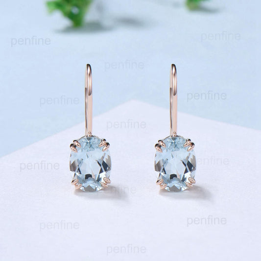 Vintage Oval Natural Aquamarine earrings Stud Earrings March birthstone Solid 14k 18k rose gold minimalist aquamarine earrings for Women - PENFINE