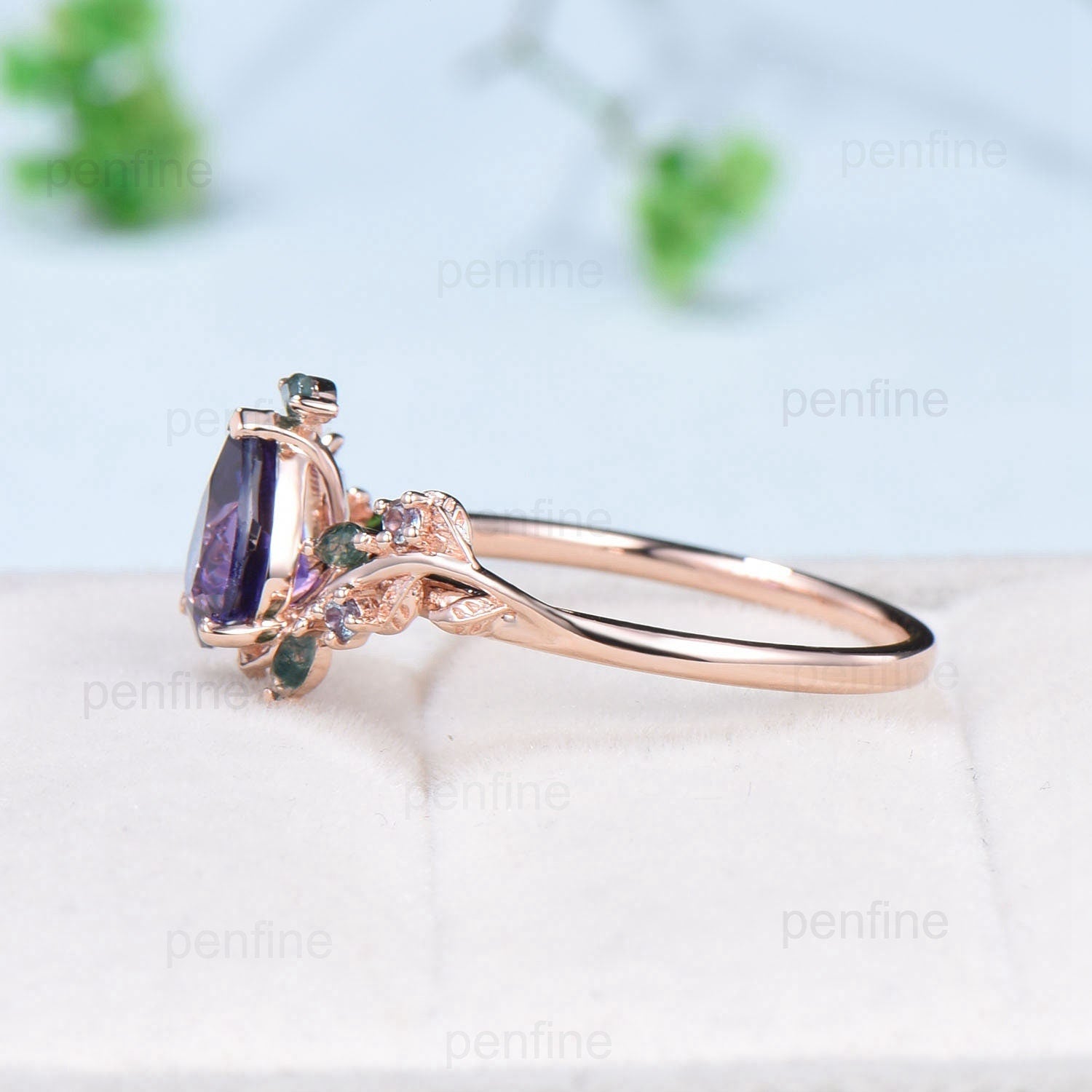 Natural inspired  Floral Purple Sapphire Ring Vintage Pear Shaped Engagement Ring Leaf Alexandrite marquise moss agate Wedding Promise Ring - PENFINE