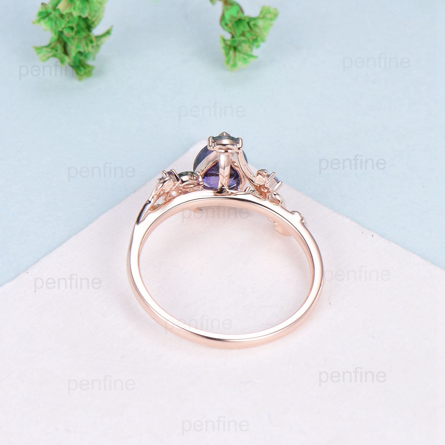 Natural inspired  Floral Purple Sapphire Ring Vintage Pear Shaped Engagement Ring Leaf Alexandrite marquise moss agate Wedding Promise Ring - PENFINE