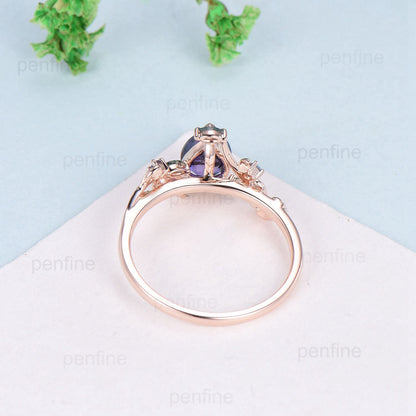 Natural inspired Flower Lavender Amethyst Ring Vintage Twig Vine Engagement Ring Unique Leaf Alexandrite  marquise moss agate Wedding Ring - PENFINE