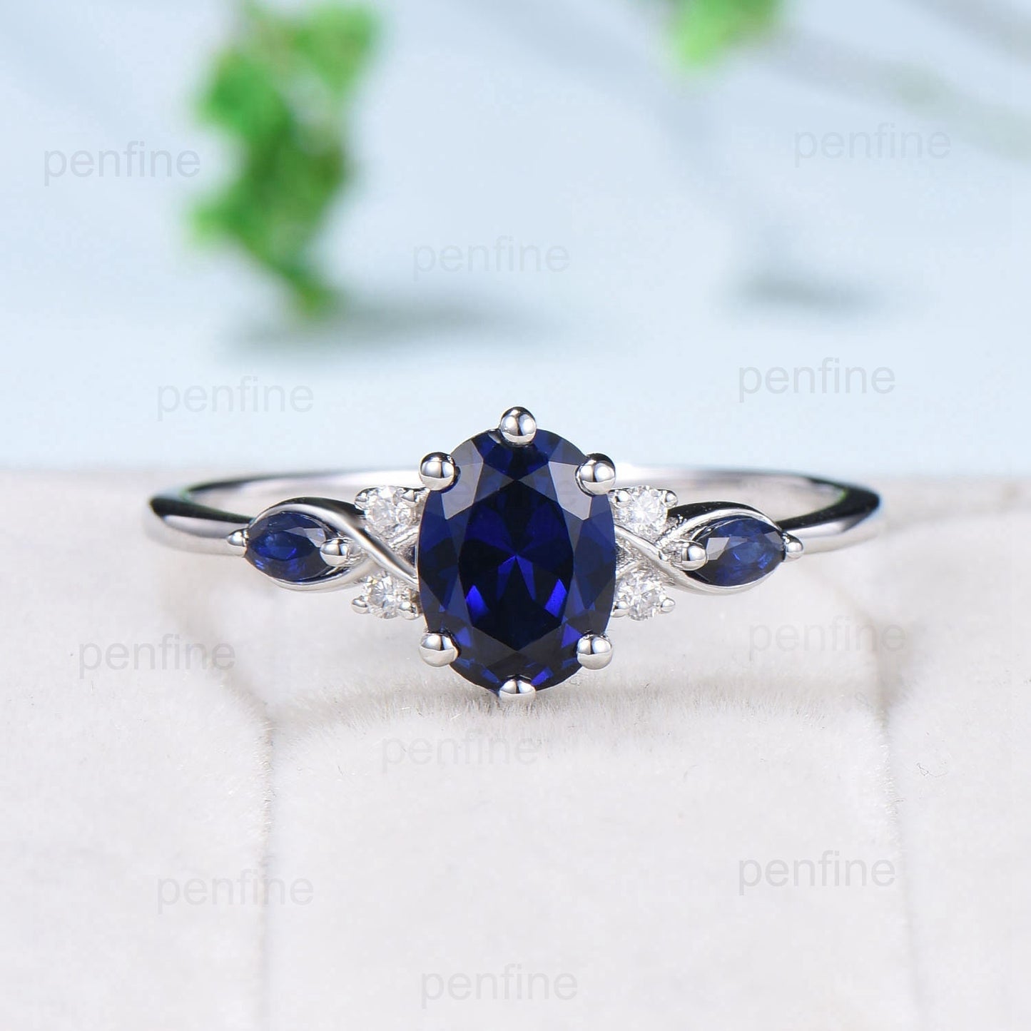 Vintage oval sapphire engagement ring 14k white gold twisted unique blue sapphire wedding ring set art deco anniversary ring gift bridal set - PENFINE