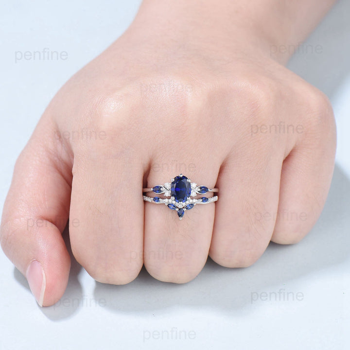 Vintage oval sapphire engagement ring 14k white gold twisted unique blue sapphire wedding ring set art deco anniversary ring gift bridal set - PENFINE